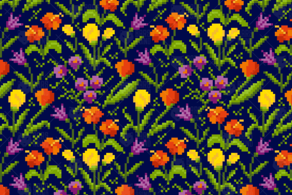 Floral Pixel Seamless Pattern