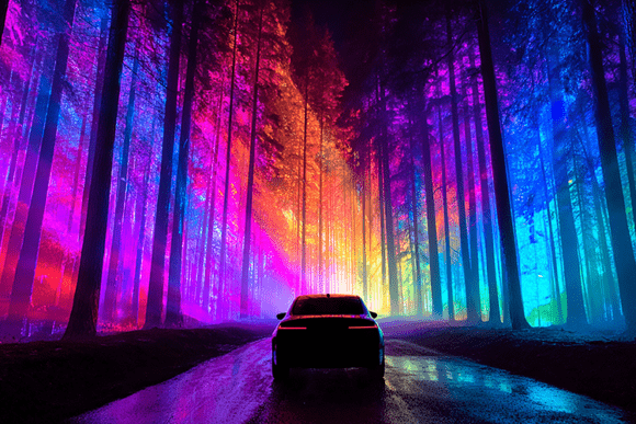Neon Forest Road with Car Background: A Digital Art Marvel