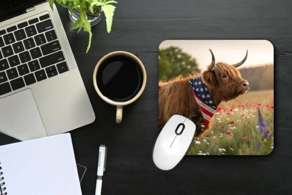Patriotic Highland Cow Mouse Pad Png